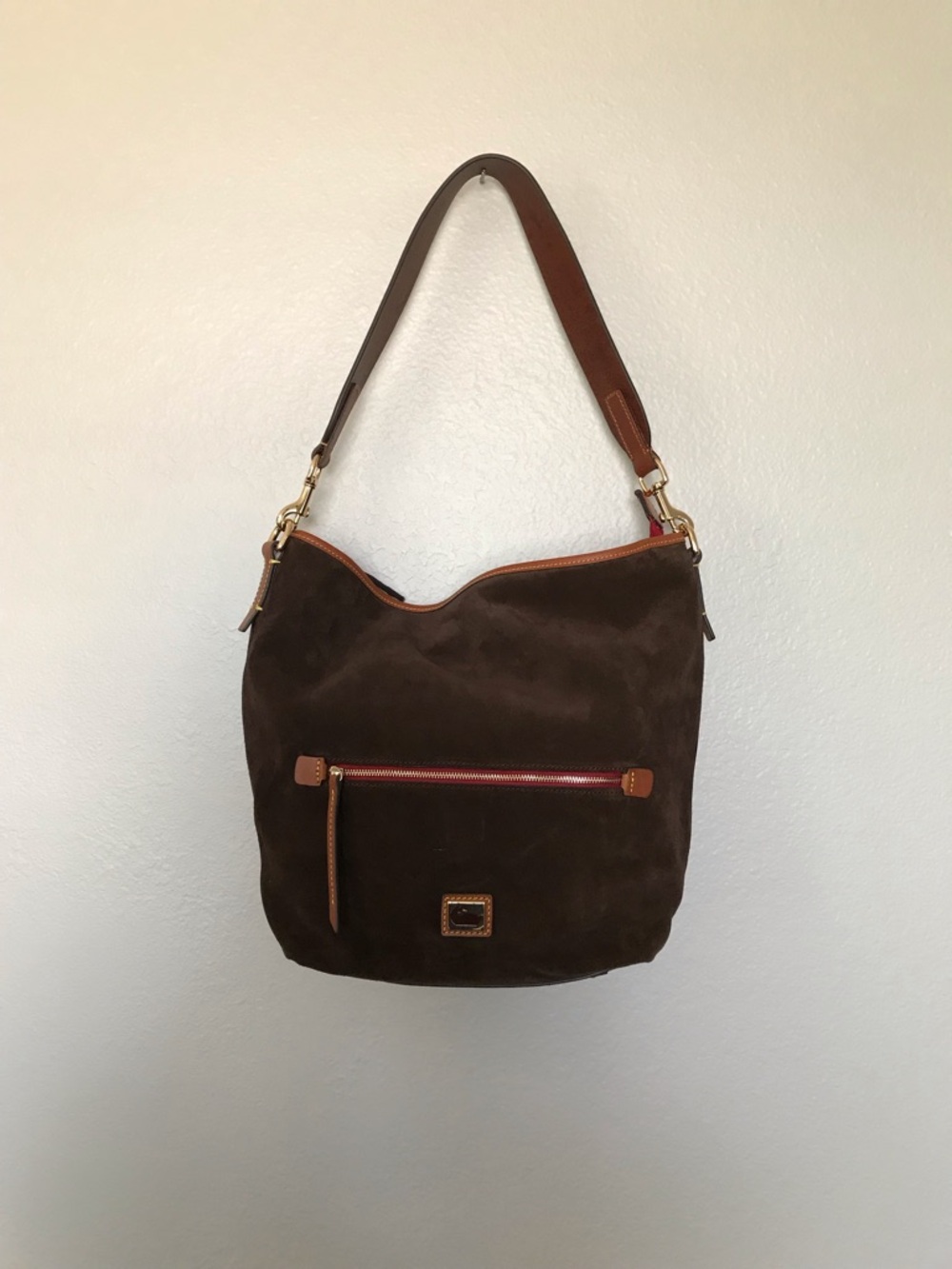 Dooney & Bourke Brown Suede Hobo Bag with Italian Leather Camel Trim - Picture 6 of 9